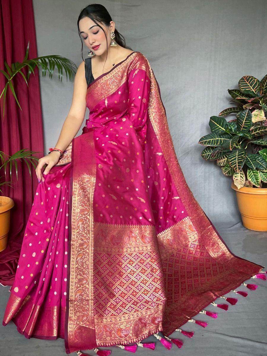 Enchanting Pink Zari Woven Silk Festival Wear Saree With Blouse - Zeel Clothing