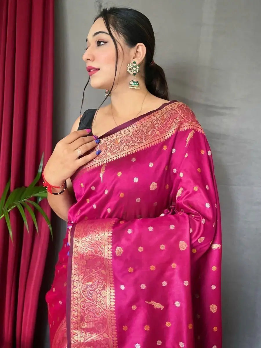 Enchanting Pink Zari Woven Silk Festival Wear Saree With Blouse - Zeel Clothing