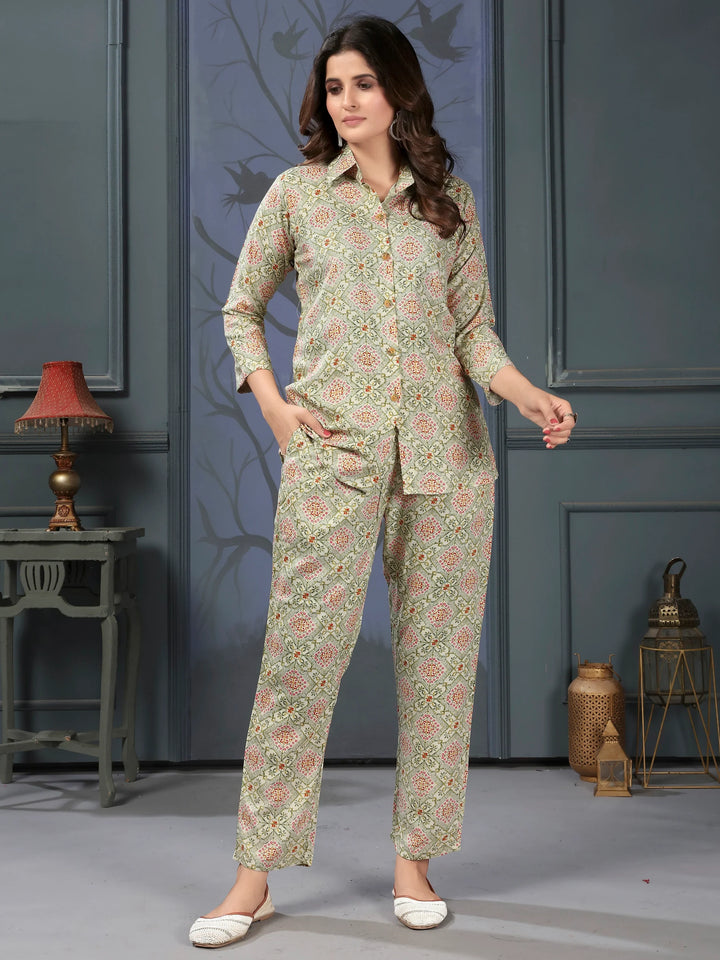 Enchanting Pista Green Digital Printed Rayon Top Palazzo Co-Ord Set - Zeel Clothing