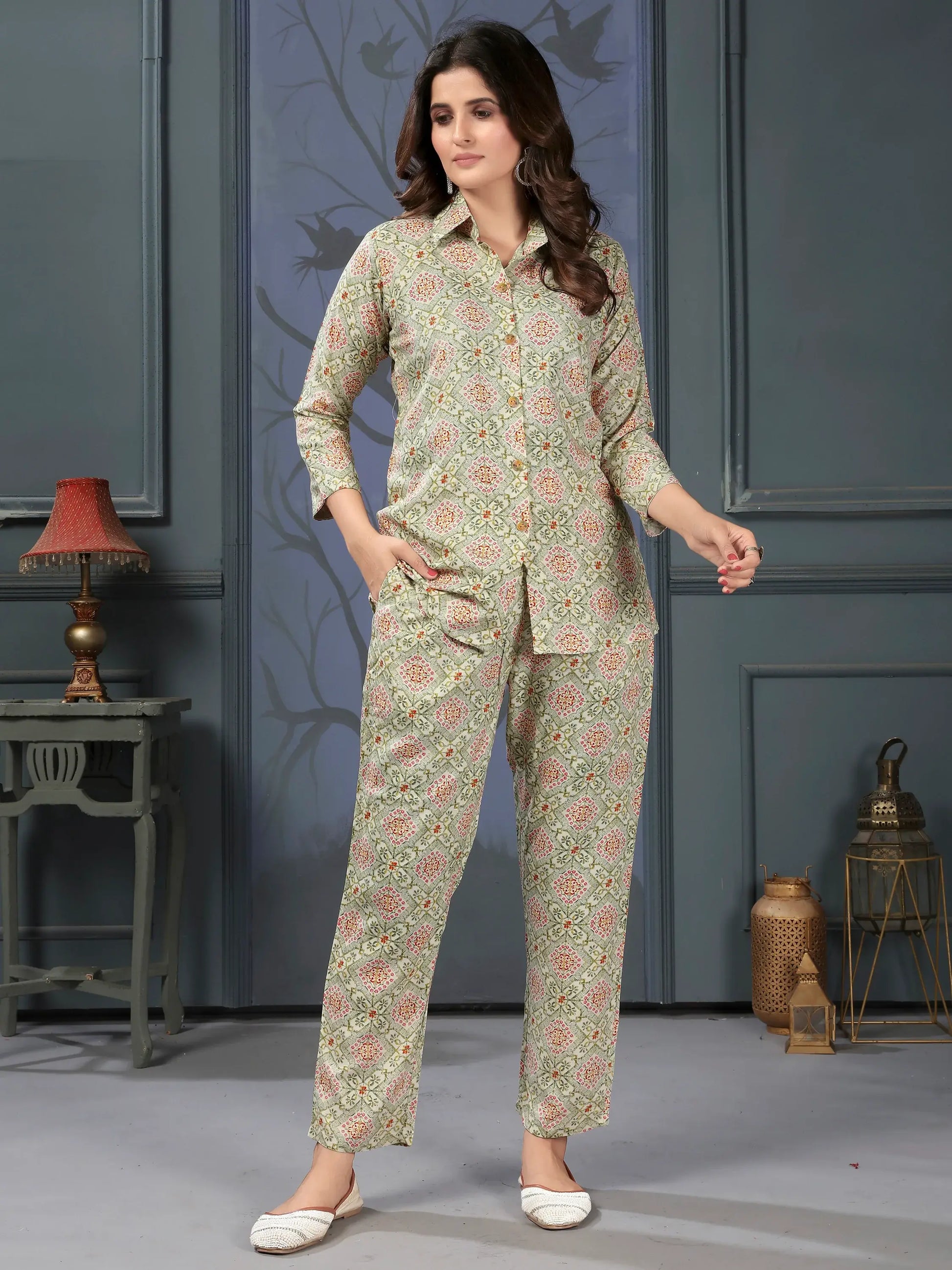 Enchanting Pista Green Digital Printed Rayon Top Palazzo Co-Ord Set - Zeel Clothing