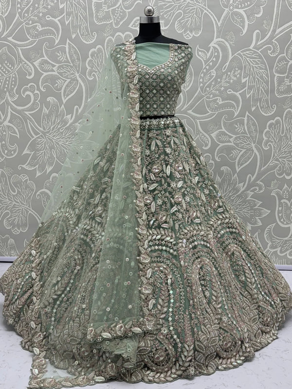 Enchanting Pista Green Sequins Net Reception Wear Lehenga Choli With Dupatta - Zeel Clothing