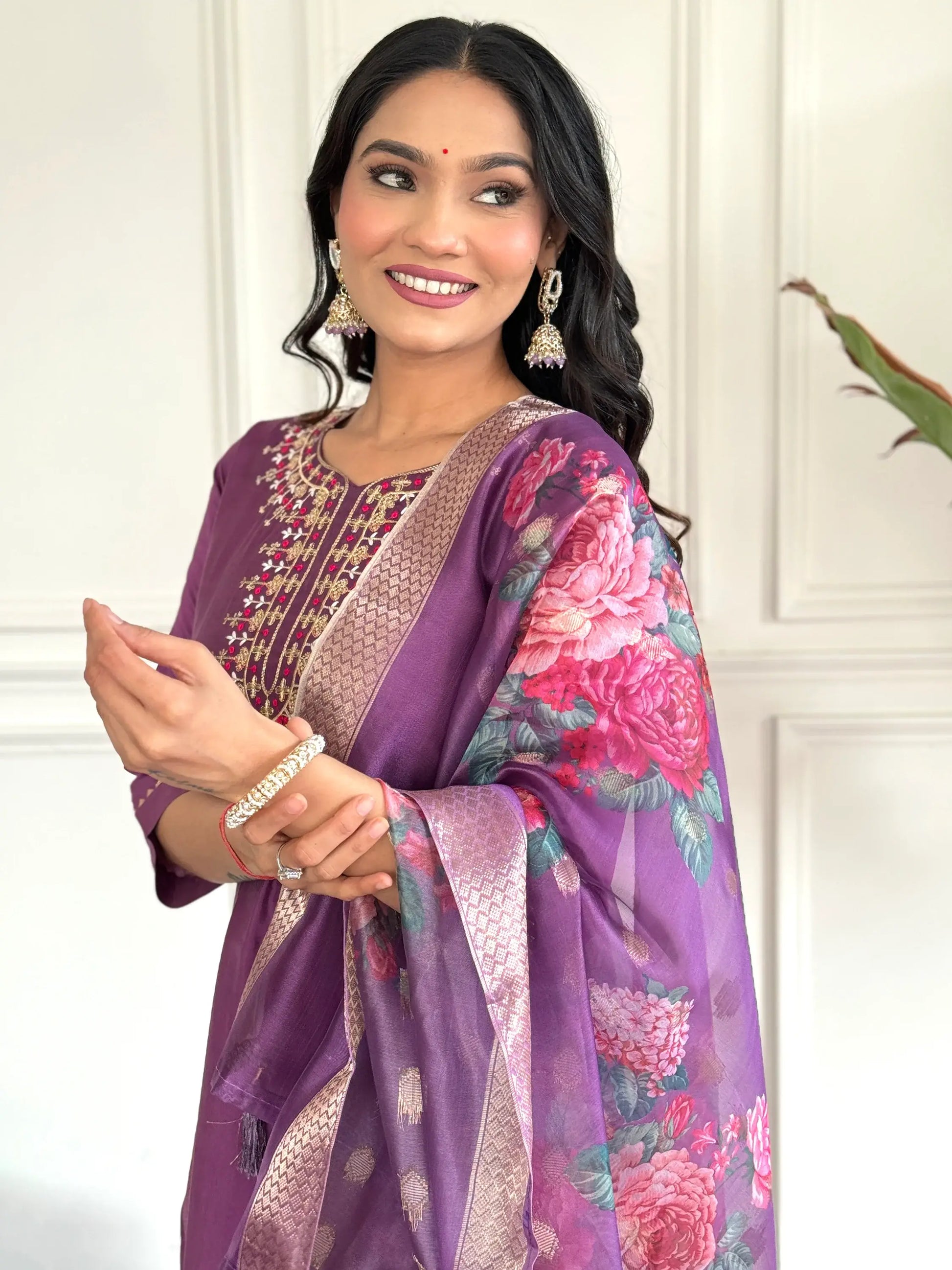 Enchanting Purple Embroidered Chanderi Silk Event Wear Pant Suit - Zeel Clothing