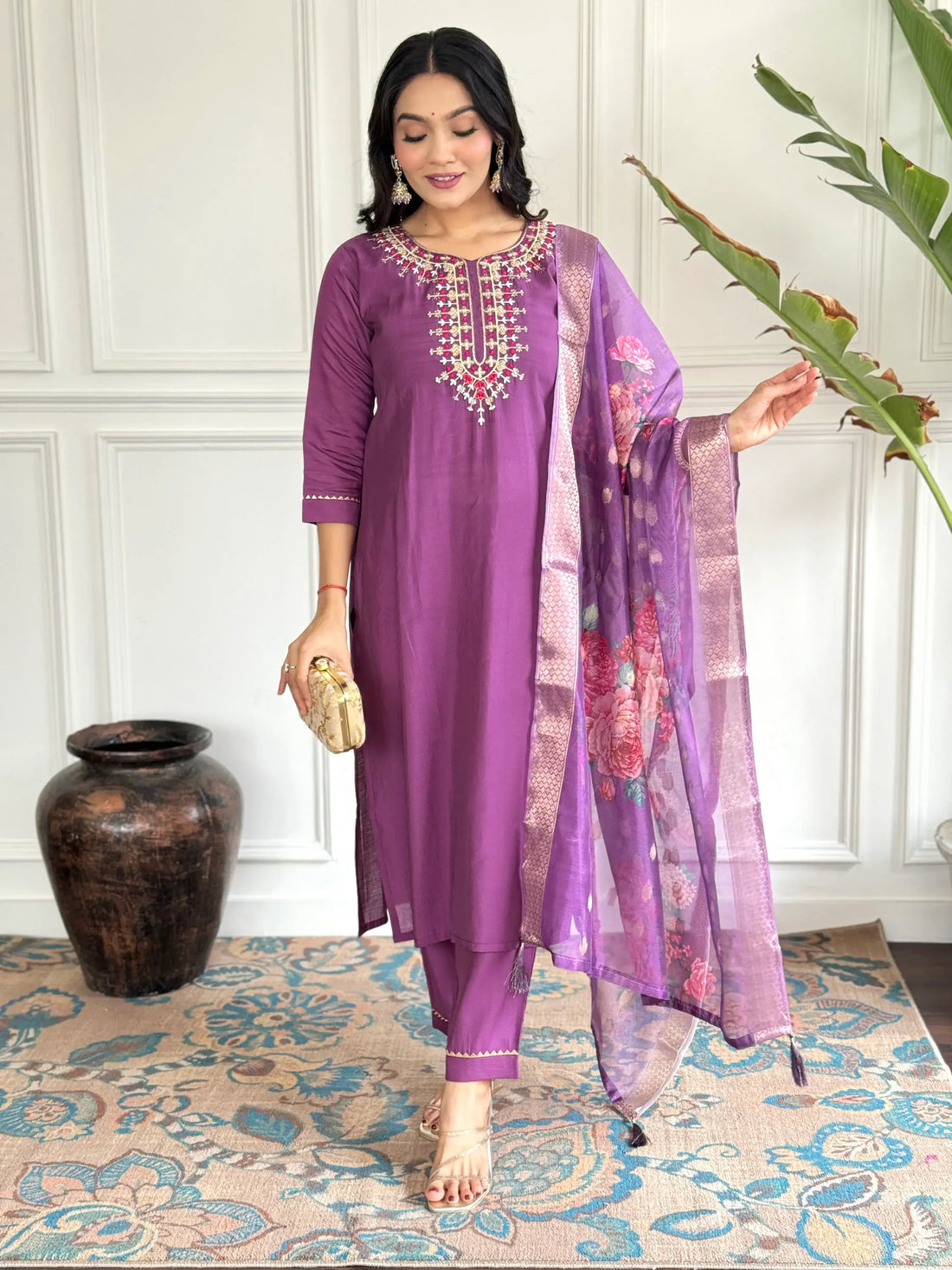 Enchanting Purple Embroidered Chanderi Silk Event Wear Pant Suit - Zeel Clothing