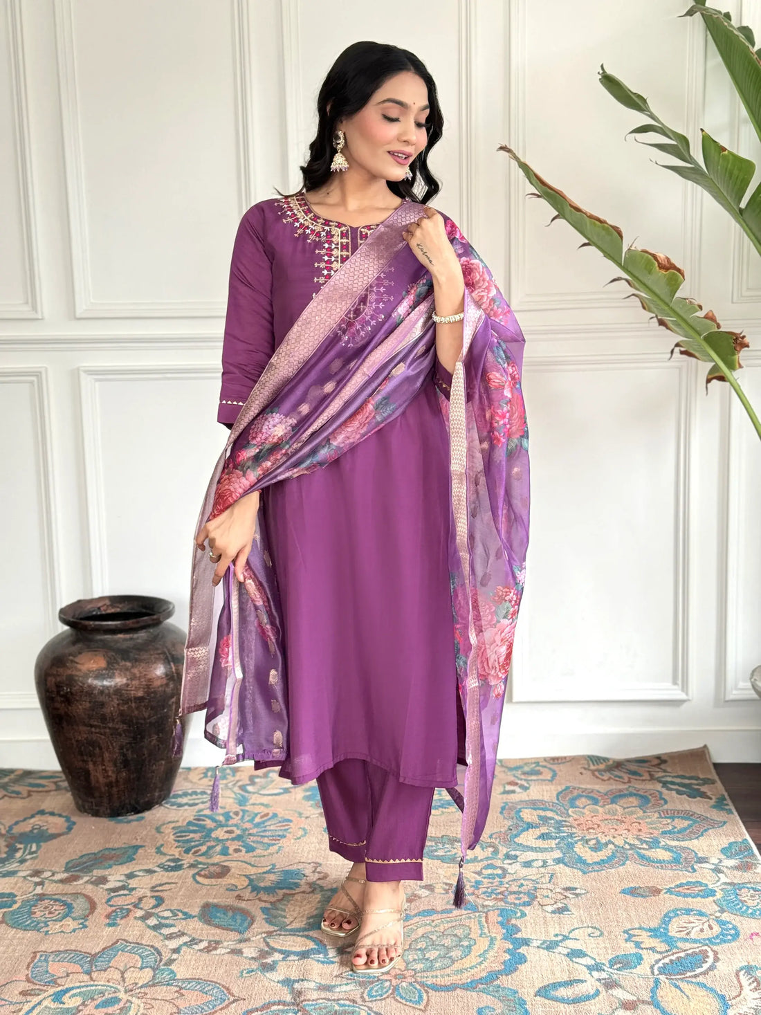 Enchanting Purple Embroidered Chanderi Silk Event Wear Pant Suit - Zeel Clothing