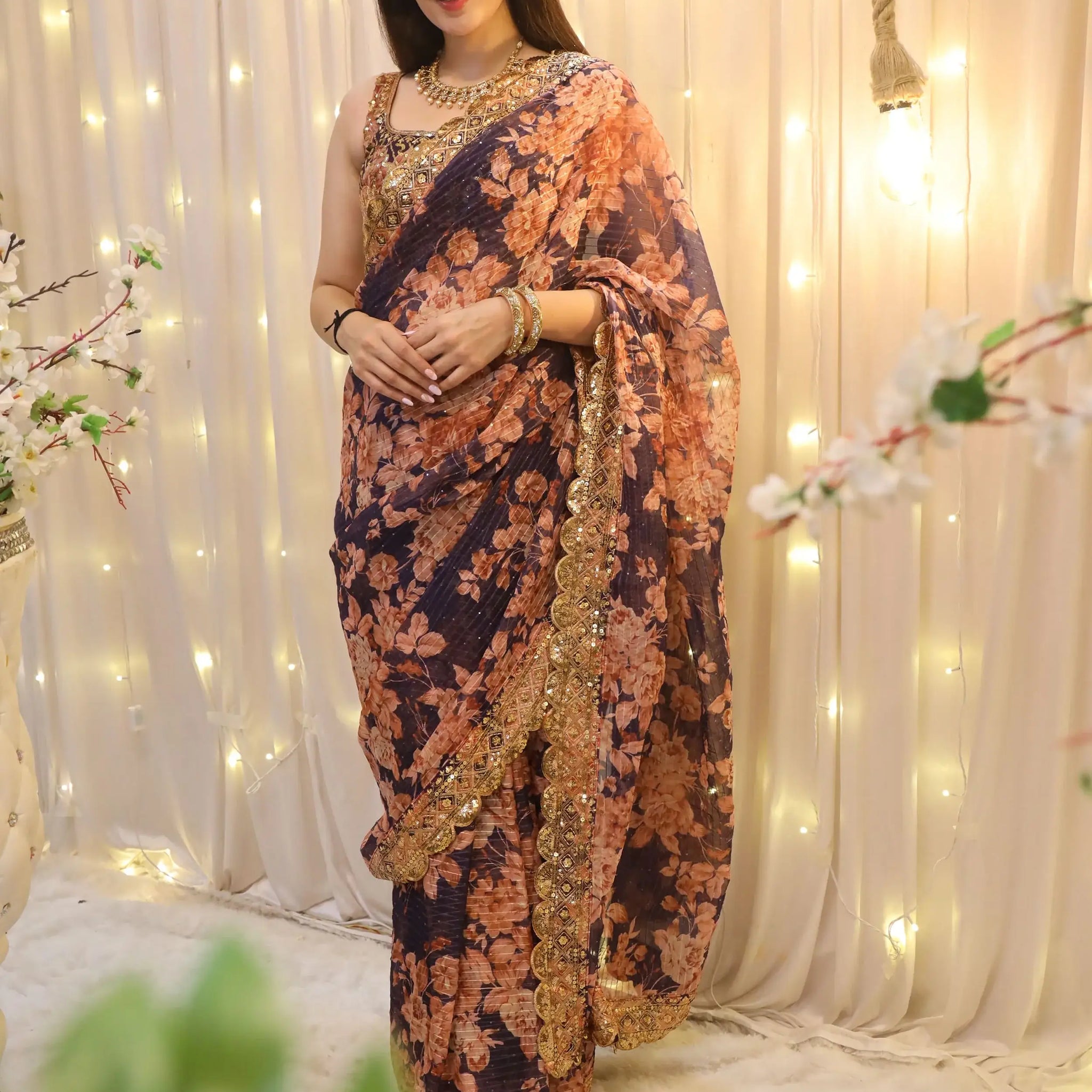 Enchanting Purple Floral Print Organza Festive Wear Saree With Blouse - Zeel Clothing