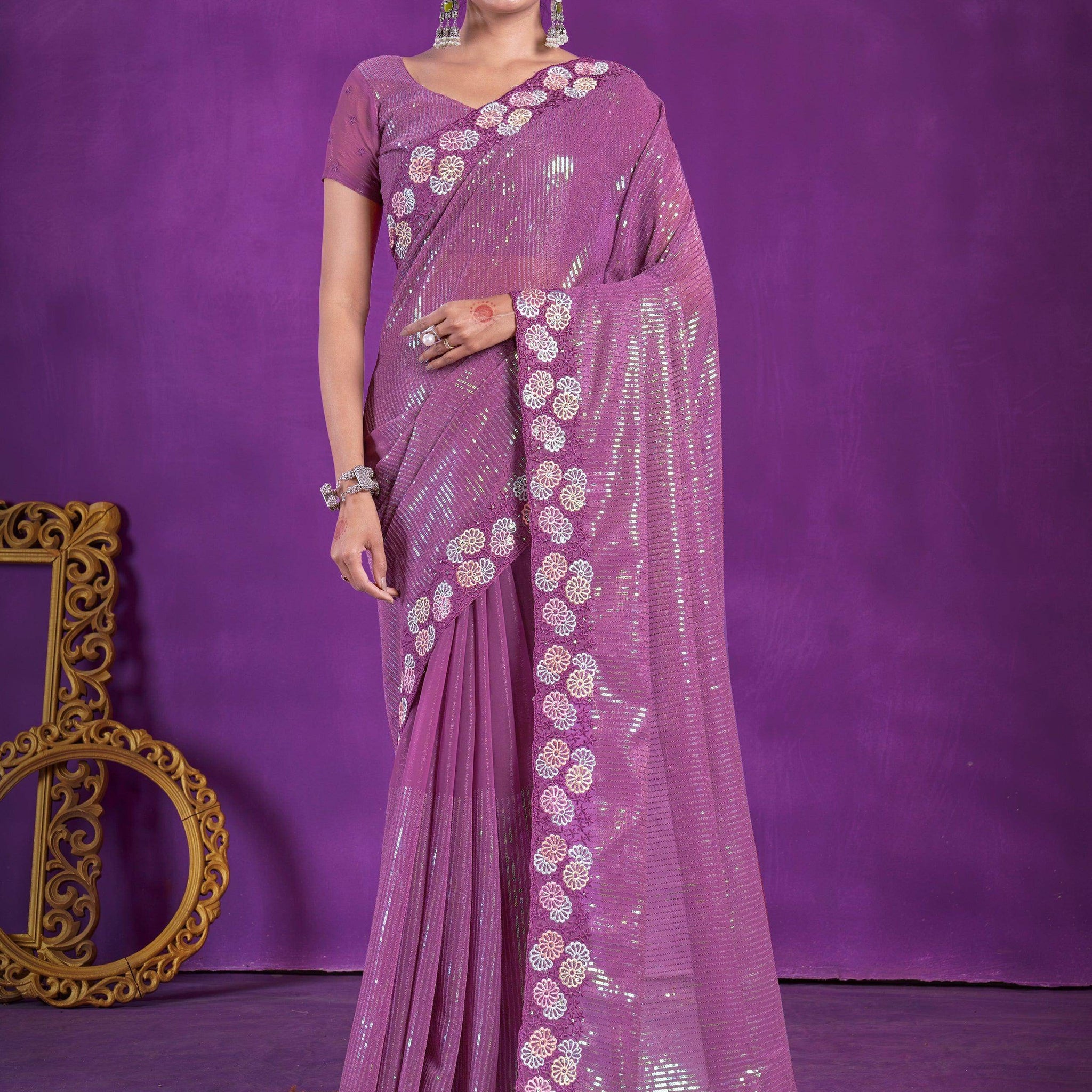 Enchanting Purple Sequins Organza Event Wear Saree With Blouse - Zeel Clothing