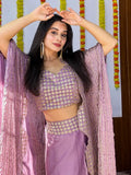 Enchanting Purple Sequins Work Silk Party Wear Skirt Choli With Shrug - Zeel Clothing