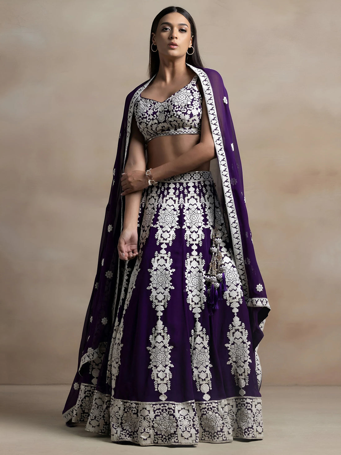 Enchanting Purple Thread Work Georgette Reception Wear Lehenga Choli With Dupatta