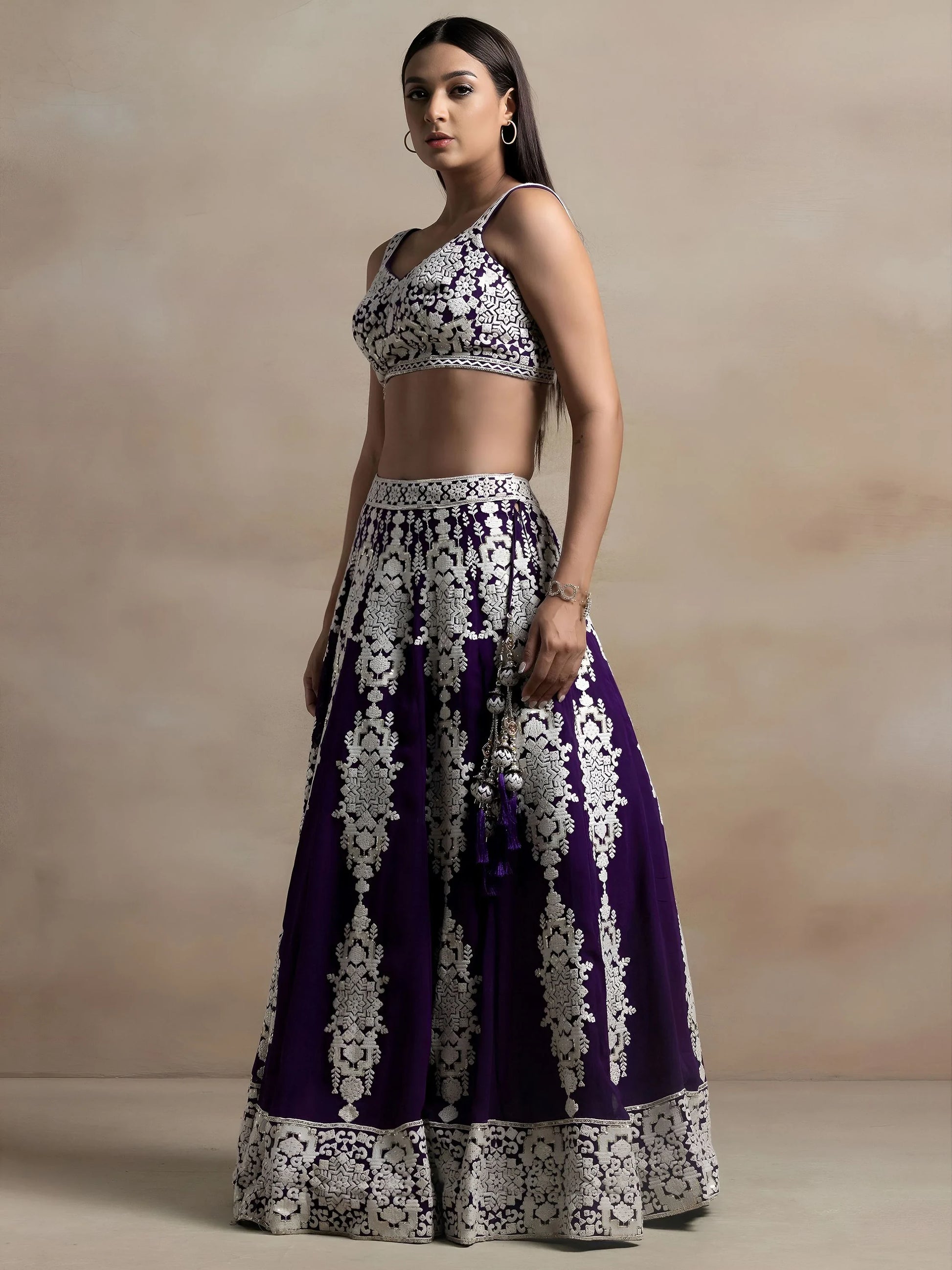Enchanting Purple Thread Work Georgette Reception Wear Lehenga Choli With Dupatta