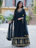 Enchanting Rama Blue Floral Thread Work Georgette Festive Wear Gown With Dupatta - Zeel Clothing