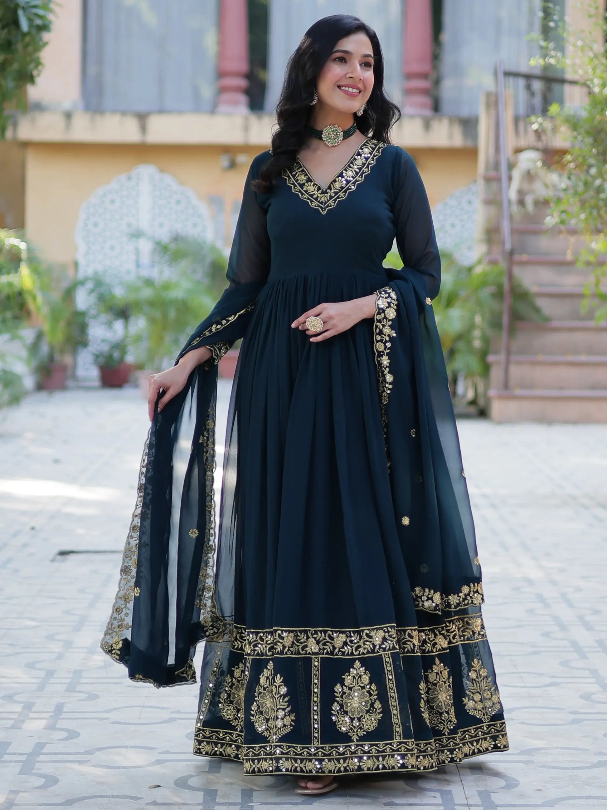 Enchanting Rama Blue Floral Thread Work Georgette Festive Wear Gown With Dupatta - Zeel Clothing