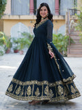 Enchanting Rama Blue Floral Thread Work Georgette Festive Wear Gown With Dupatta - Zeel Clothing