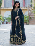 Enchanting Rama Blue Floral Thread Work Georgette Festive Wear Gown With Dupatta - Zeel Clothing