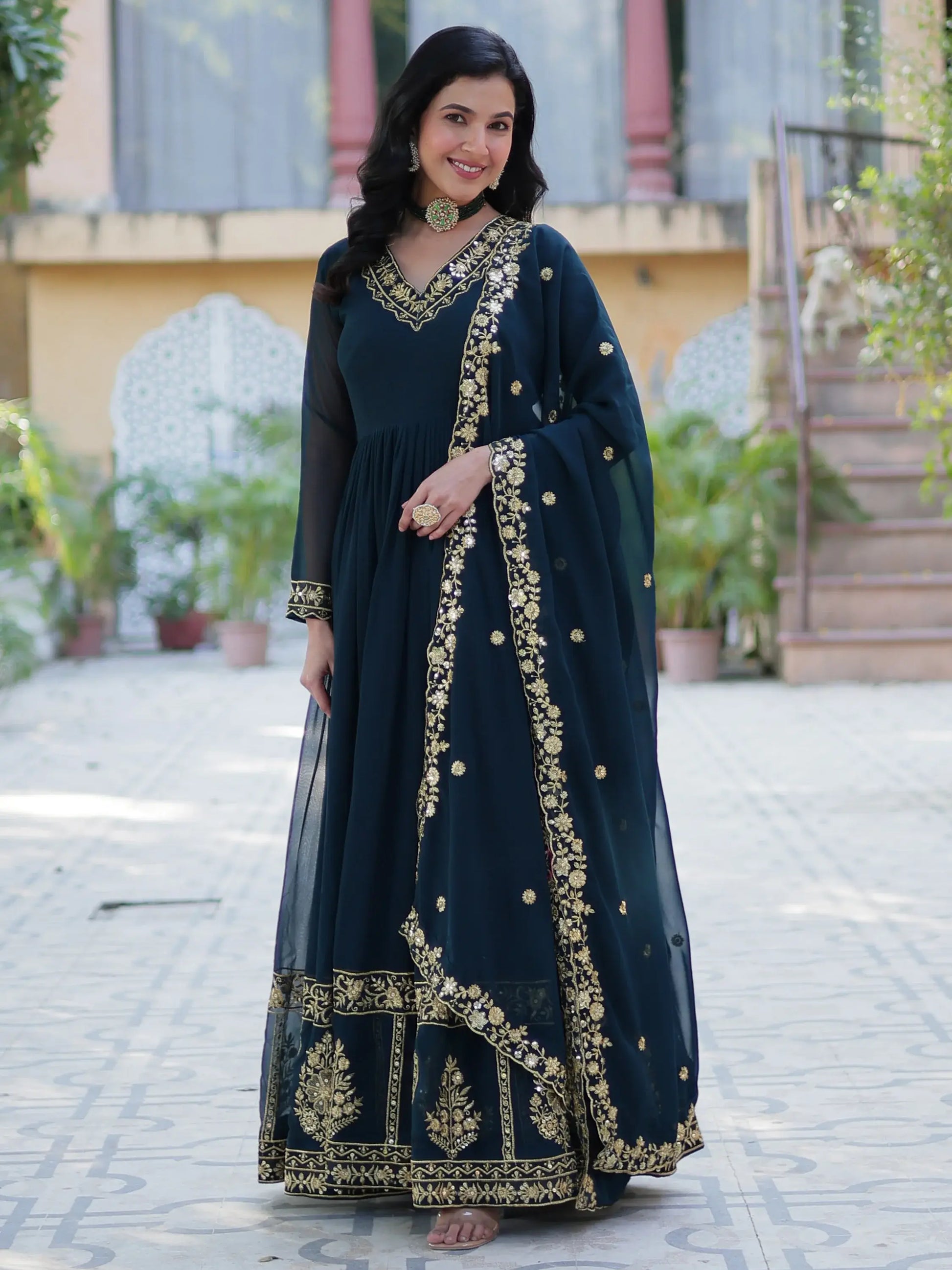 Enchanting Rama Blue Floral Thread Work Georgette Festive Wear Gown With Dupatta - Zeel Clothing