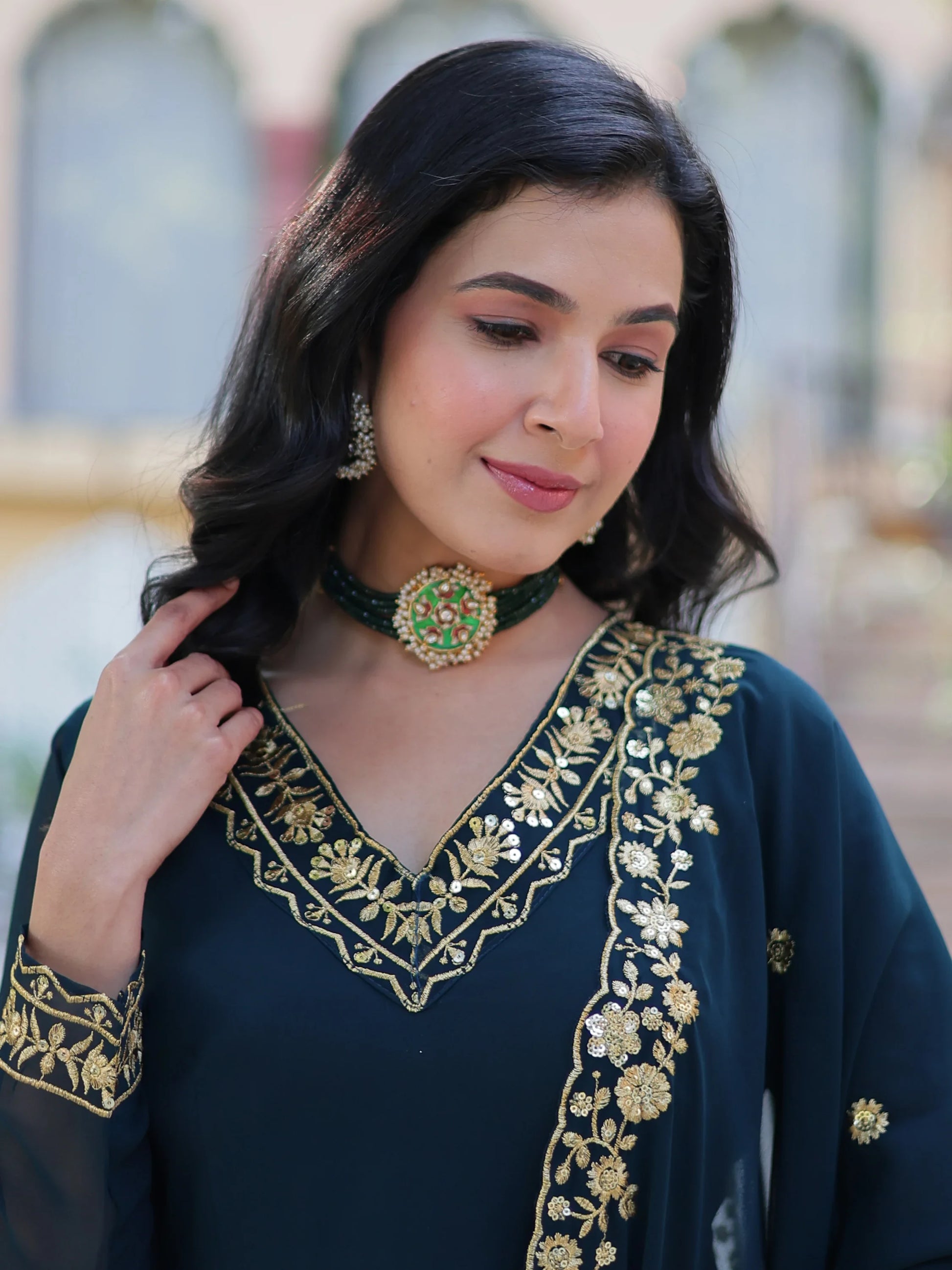 Enchanting Rama Blue Floral Thread Work Georgette Festive Wear Gown With Dupatta - Zeel Clothing