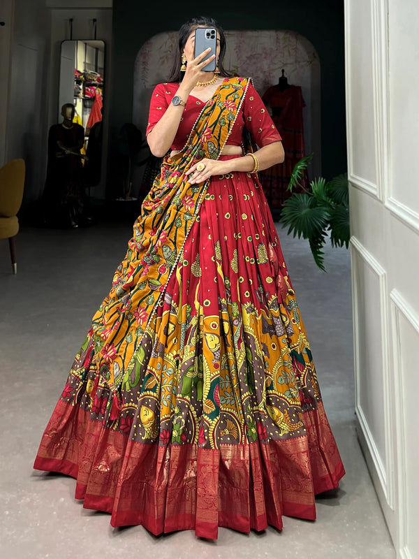 Enchanting Red kalamkari Printed Silk Event Wear Lehenga Choli - Zeel Clothing