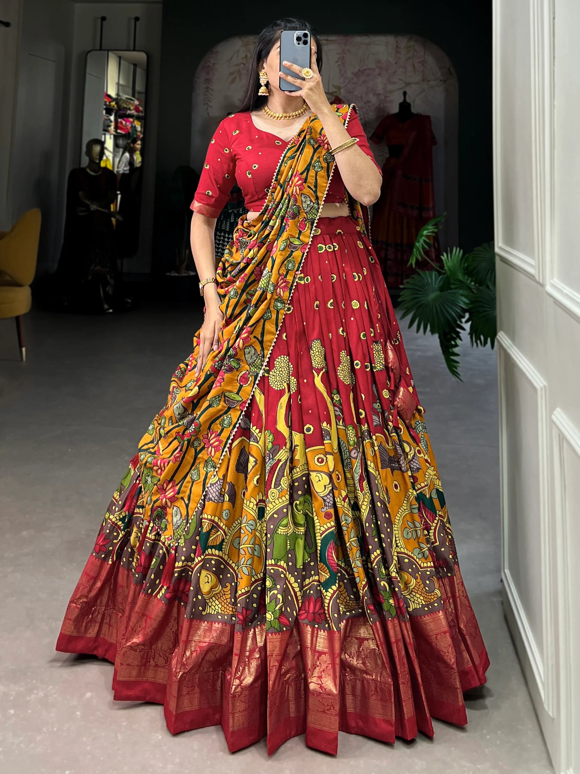 Enchanting Red kalamkari Printed Silk Event Wear Lehenga Choli - Zeel Clothing
