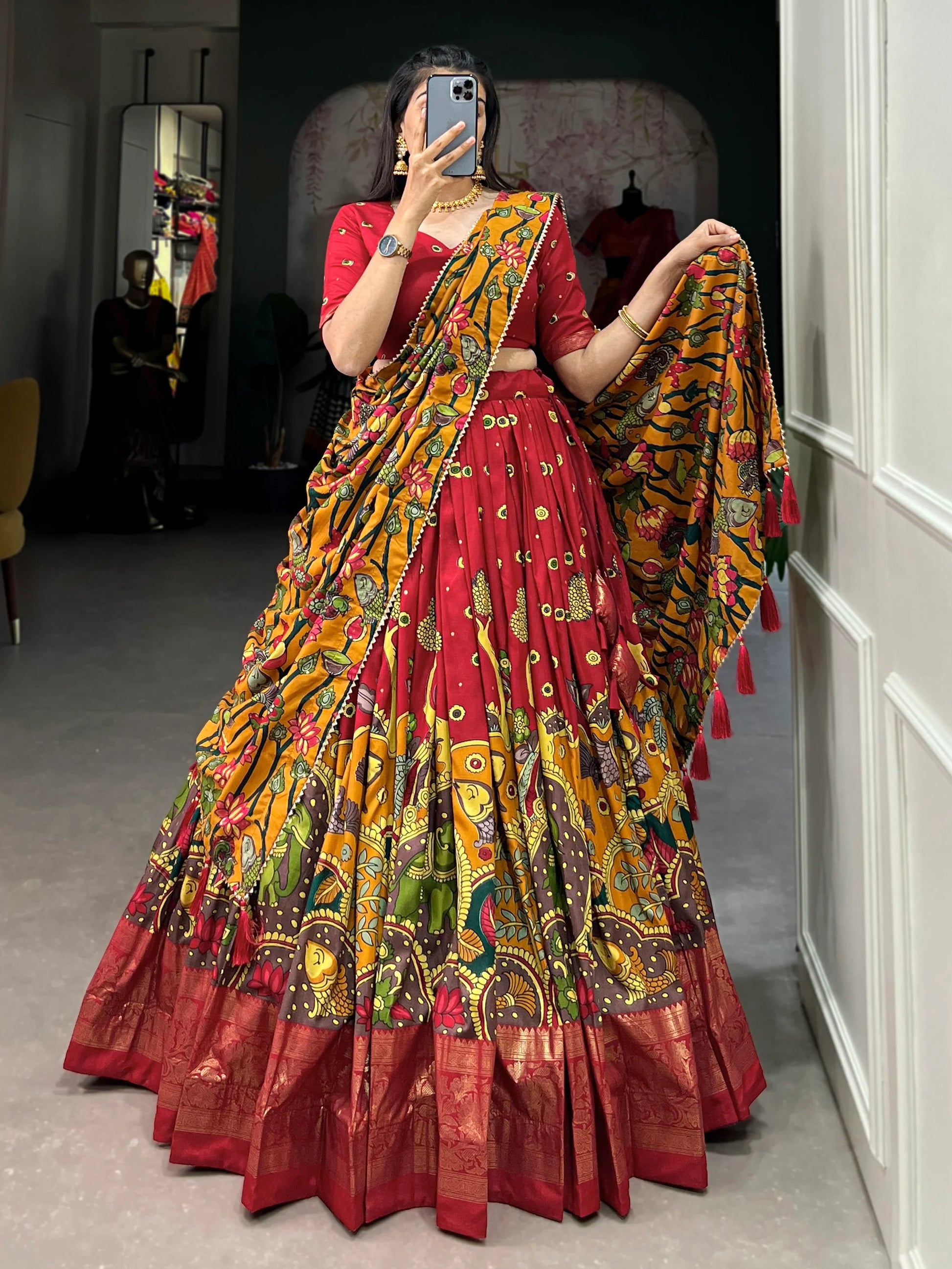 Enchanting Red kalamkari Printed Silk Event Wear Lehenga Choli - Zeel Clothing