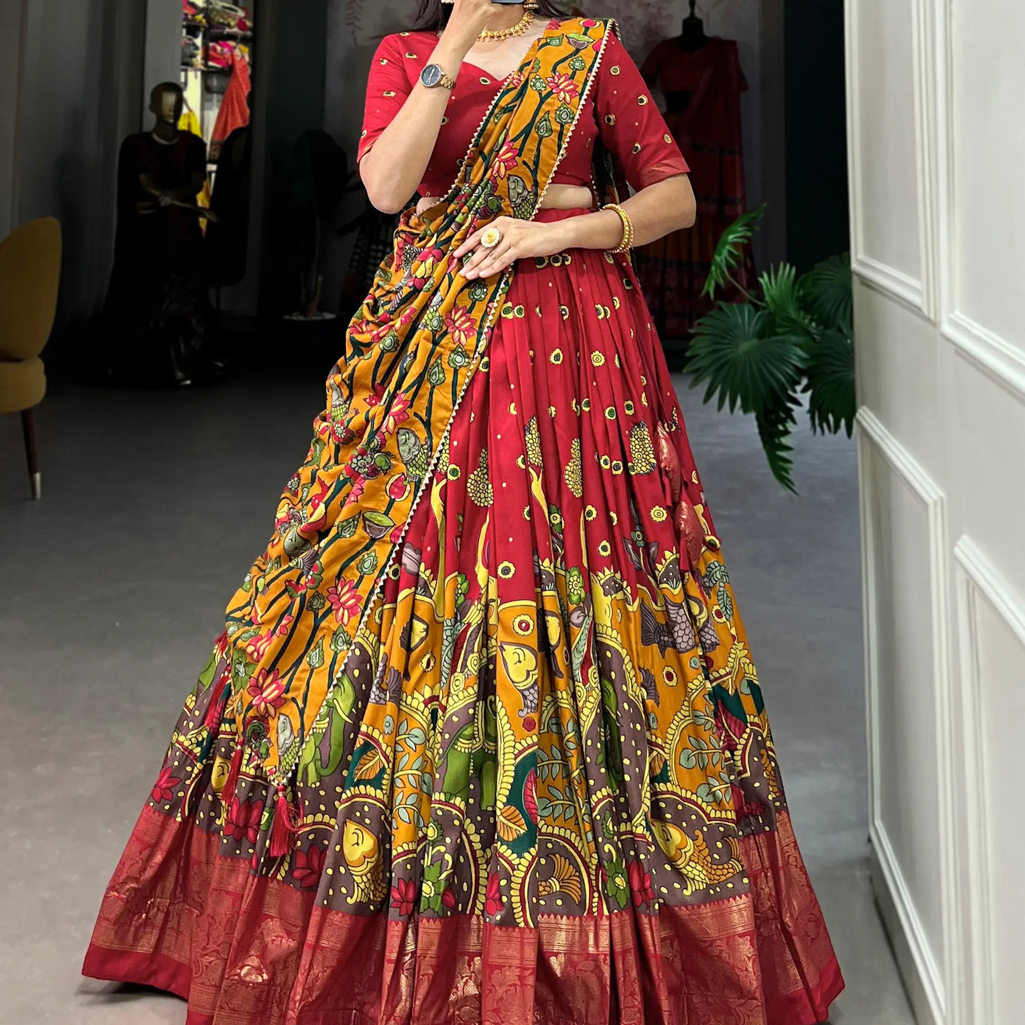 Enchanting Red kalamkari Printed Silk Event Wear Lehenga Choli - Zeel Clothing