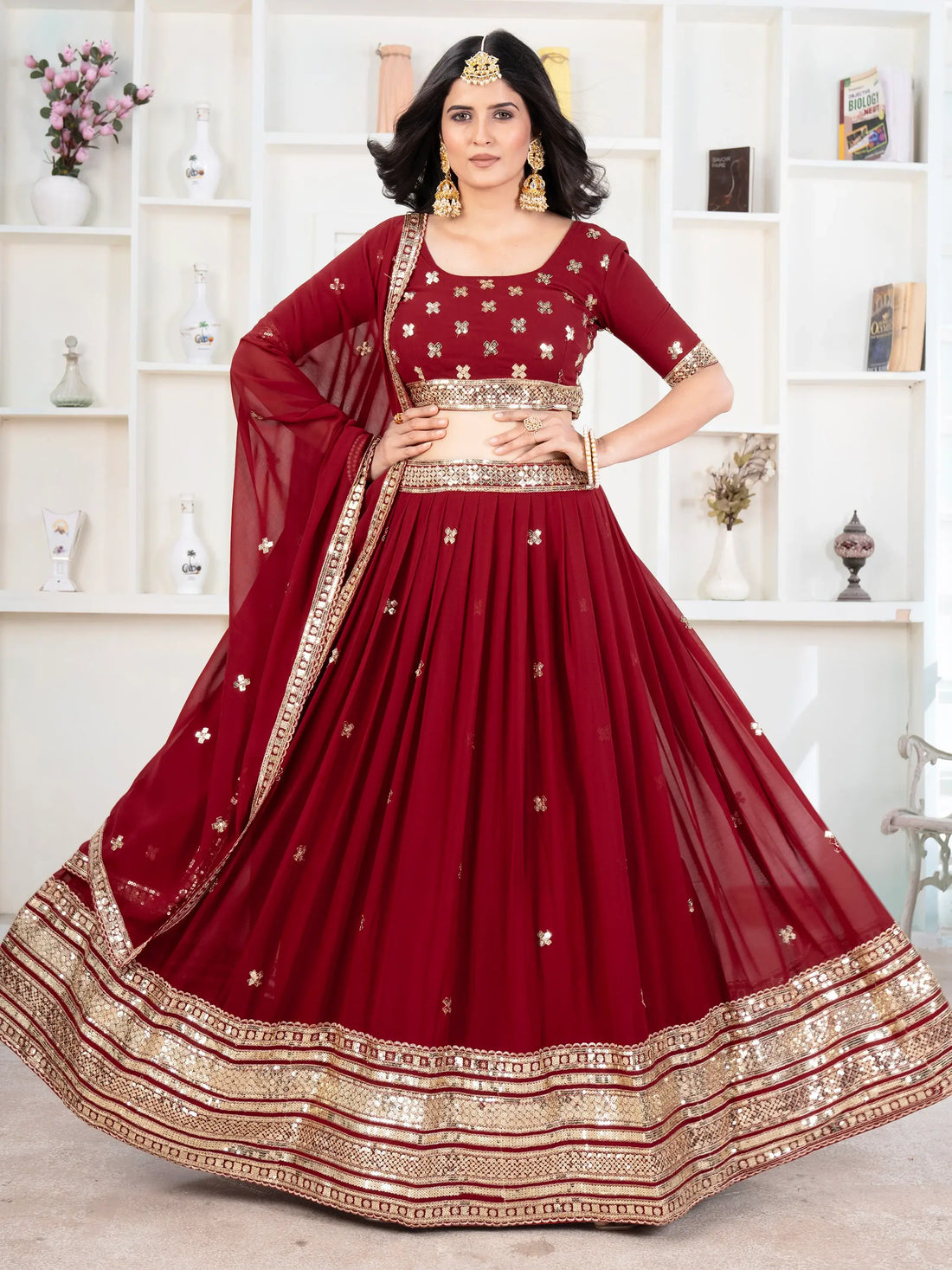 Enchanting Red Sequins Georgette Bridal Wear Lehenga Choli - Zeel Clothing