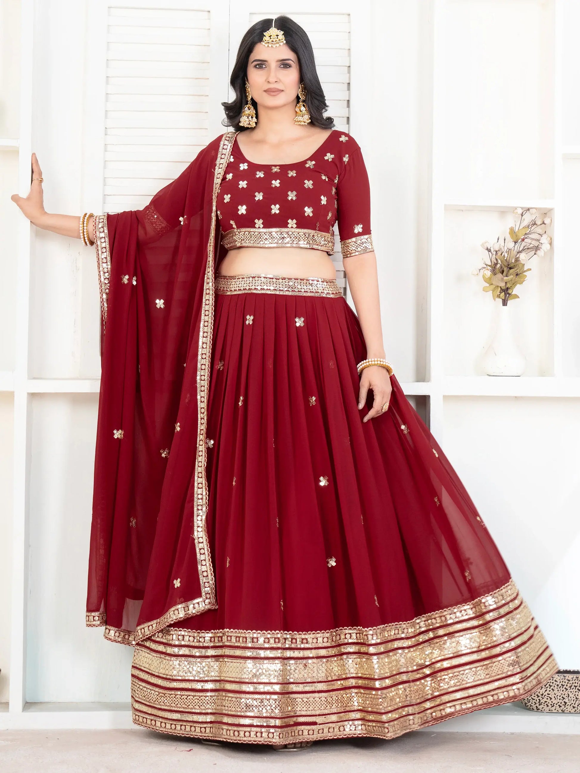 Enchanting Red Sequins Georgette Bridal Wear Lehenga Choli - Zeel Clothing