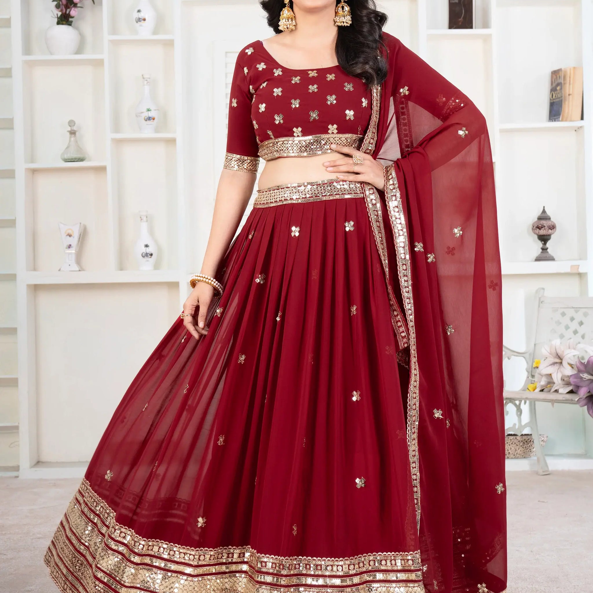 Enchanting Red Sequins Georgette Bridal Wear Lehenga Choli - Zeel Clothing