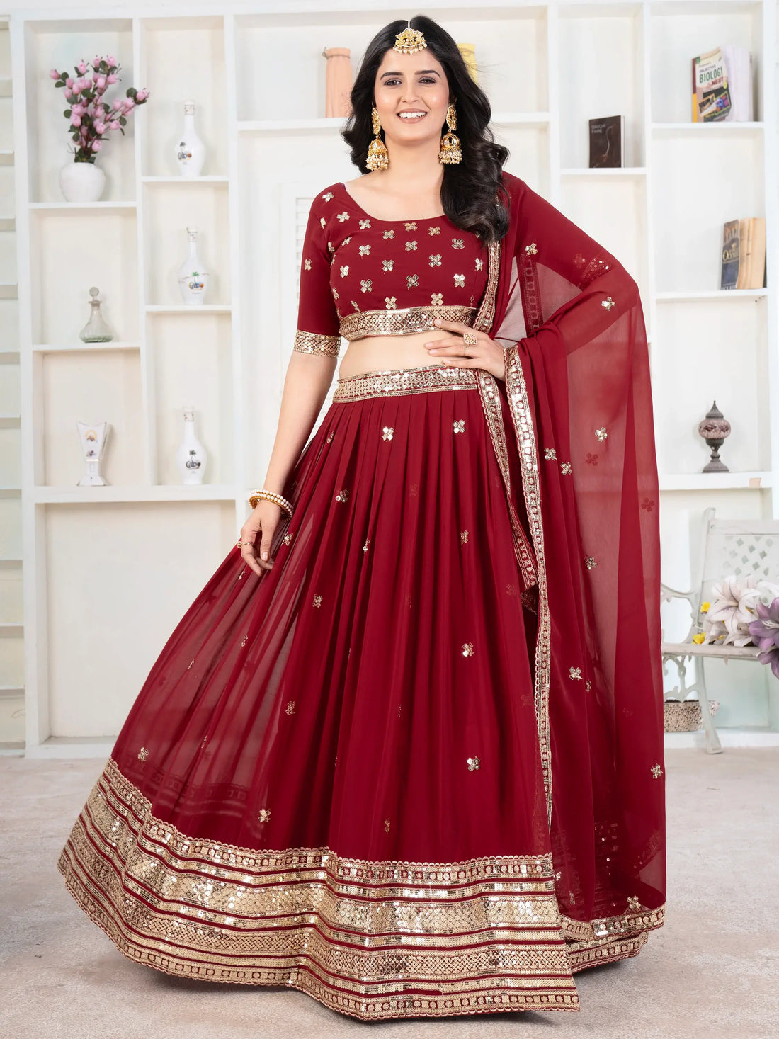 Enchanting Red Sequins Georgette Bridal Wear Lehenga Choli - Zeel Clothing