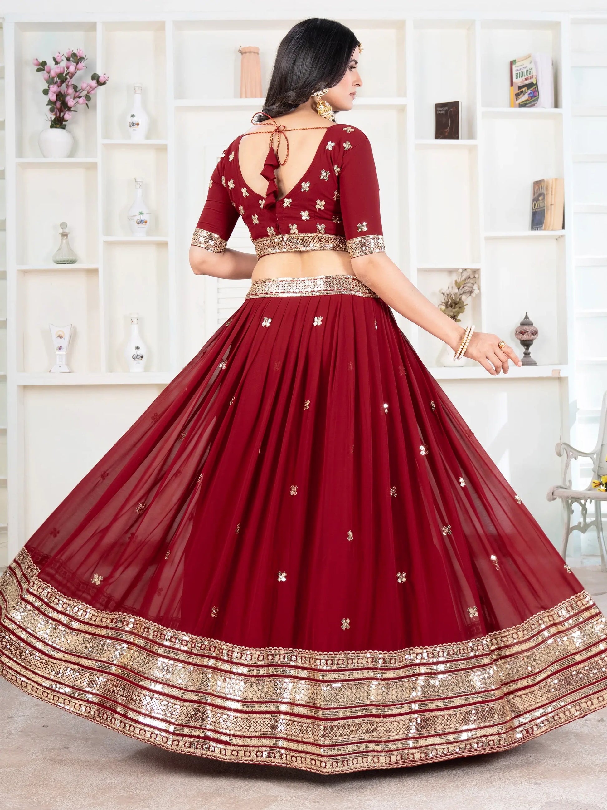 Enchanting Red Sequins Georgette Bridal Wear Lehenga Choli - Zeel Clothing