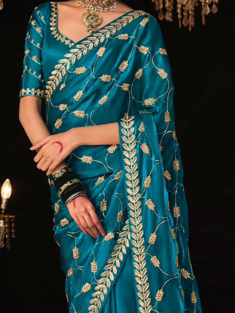 Enchanting Sky-Blue Embroidered Tissue Silk Saree With Blouse - Zeel Clothing