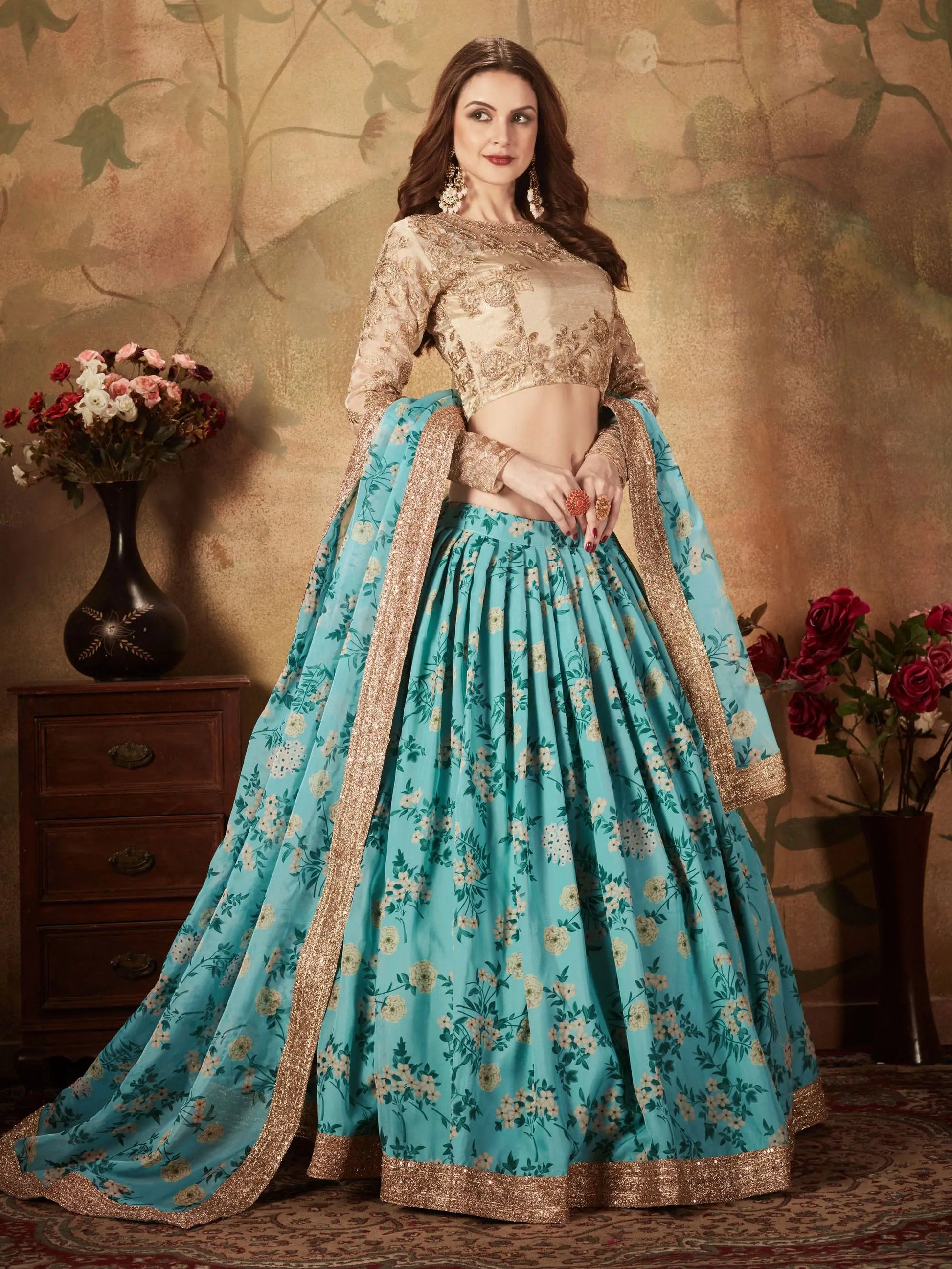 Enchanting Sky Blue Floral Printed Organza Wedding Lehenga Choli - Zeel Clothing