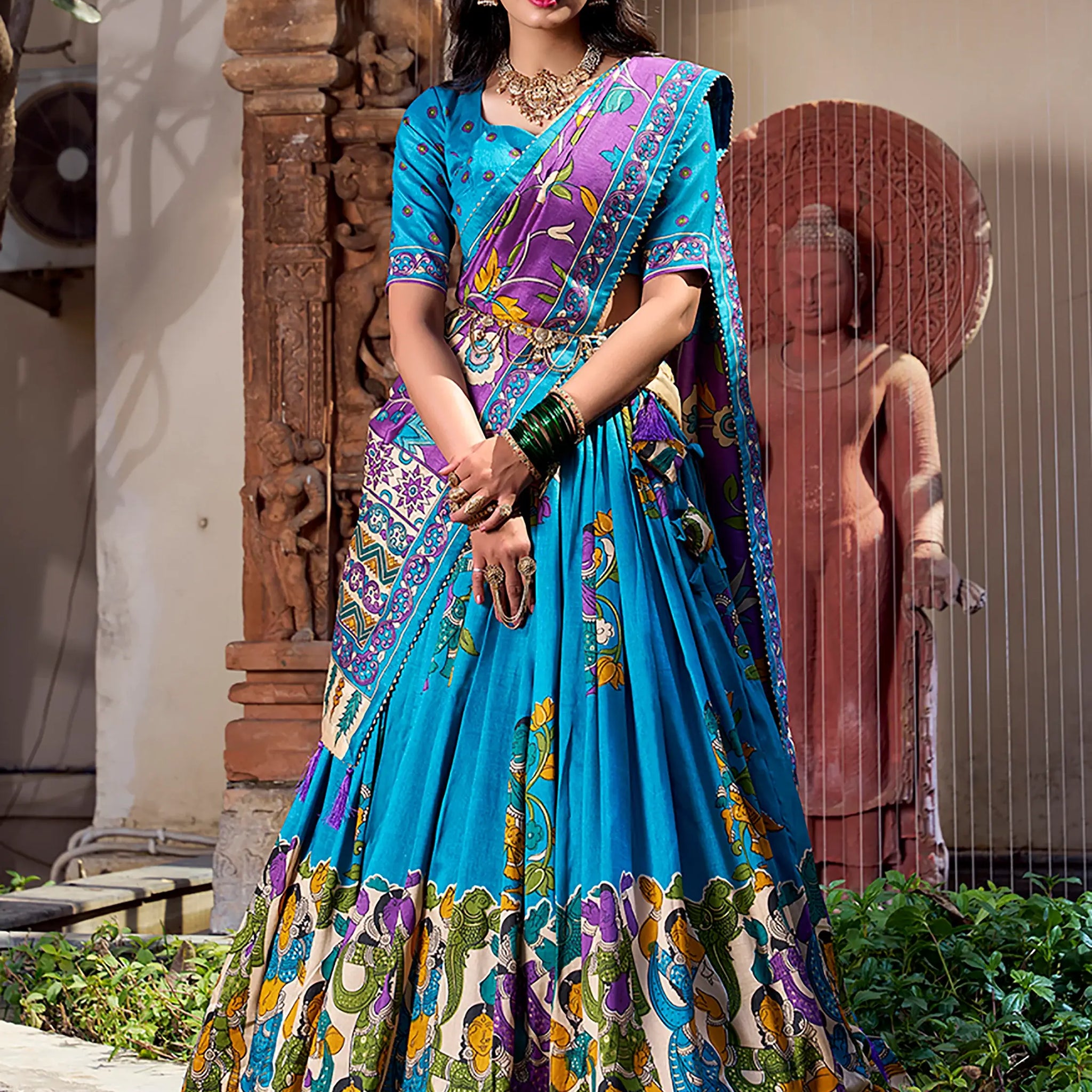 Enchanting Sky-Blue Kalamkari Printed Tussar Silk Lehenga Choli - Zeel Clothing