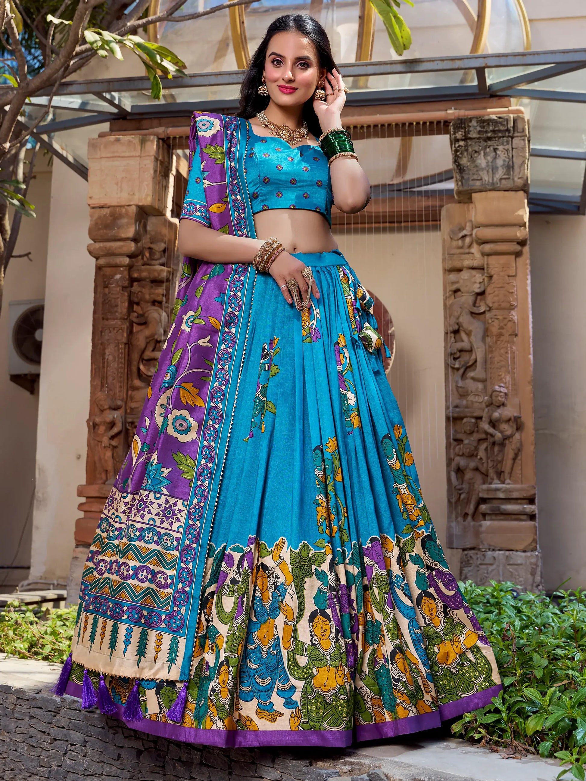 Enchanting Sky-Blue Kalamkari Printed Tussar Silk Lehenga Choli - Zeel Clothing