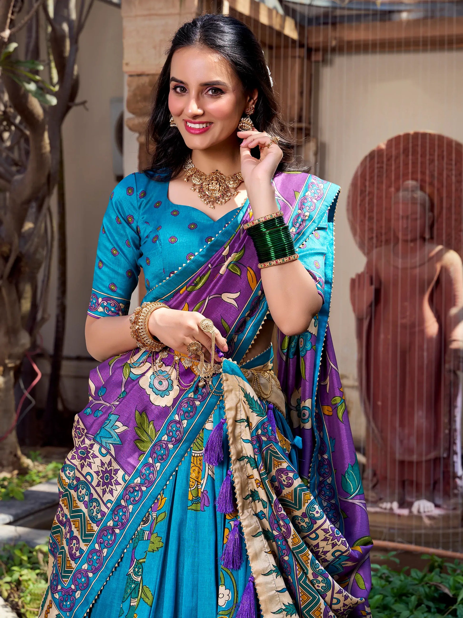 Enchanting Sky-Blue Kalamkari Printed Tussar Silk Lehenga Choli - Zeel Clothing