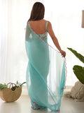 Enchanting Sky Blue Lace Work Georgette Event Wear Saree With Blouse - Zeel Clothing
