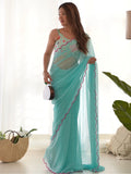 Enchanting Sky Blue Lace Work Georgette Event Wear Saree With Blouse - Zeel Clothing
