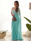 Enchanting Sky Blue Lace Work Georgette Event Wear Saree With Blouse - Zeel Clothing