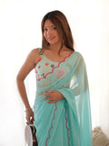 Enchanting Sky Blue Lace Work Georgette Event Wear Saree With Blouse - Zeel Clothing