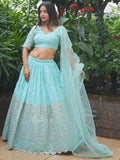 Enchanting Sky-Blue Sequins Georgette Designer Lehenga Choli - Zeel Clothing