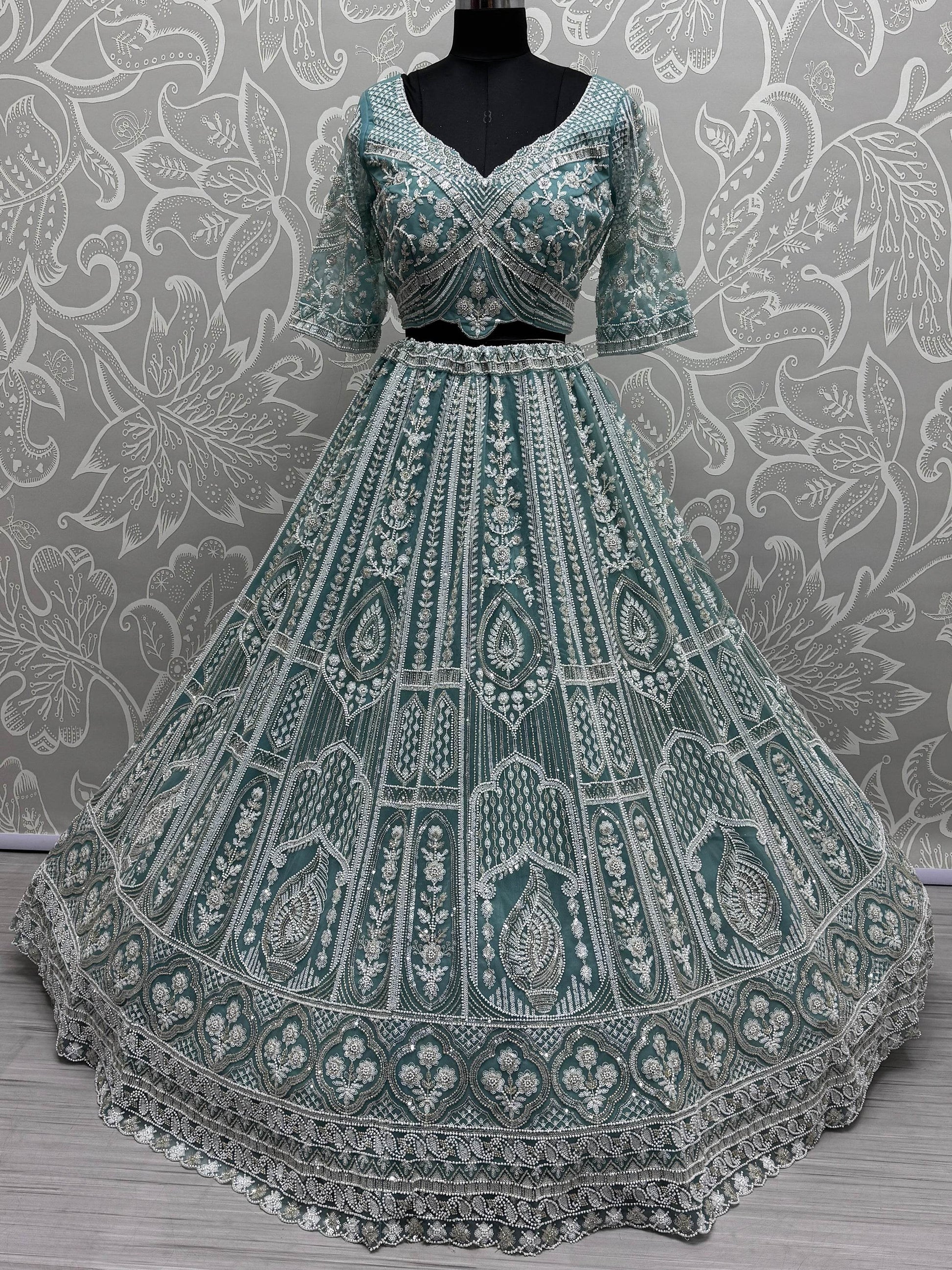 Enchanting Sky-Blue Sequins Net Reception Wear Lehenga Choli - Zeel Clothing