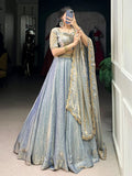 Enchanting Sky Blue Thread Work Organza Bridesmaid Lehenga Choli With Dupatta - Zeel Clothing