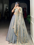 Enchanting Sky Blue Thread Work Organza Bridesmaid Lehenga Choli With Dupatta - Zeel Clothing