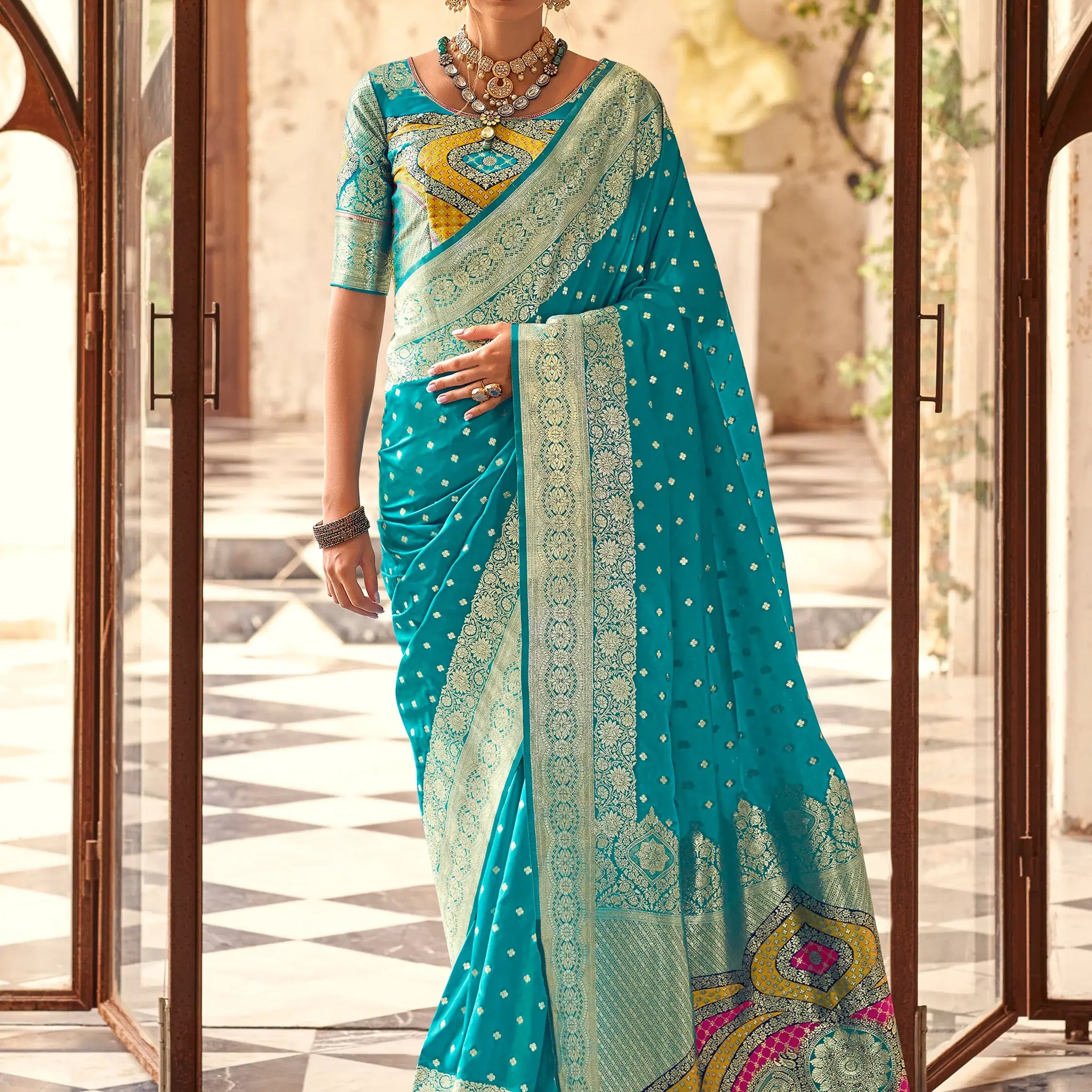 Enchanting Sky Blue Zari Weaving Silk Festival Wear Saree With Blouse - Zeel Clothing