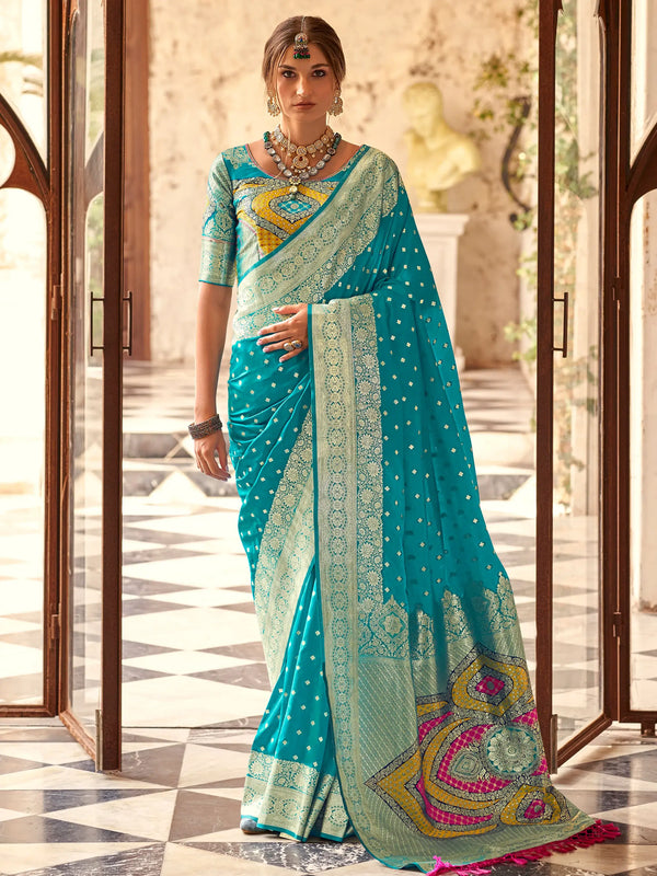 Enchanting Sky Blue Zari Weaving Silk Festival Wear Saree With Blouse - Zeel Clothing