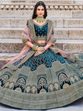 Enchanting Teal Blue Embroidered Work Velvet Bridal Wear Lehenga Choli - Zeel Clothing
