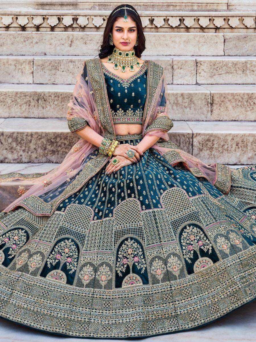 Enchanting Teal Blue Embroidered Work Velvet Bridal Wear Lehenga Choli - Zeel Clothing