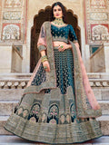 Enchanting Teal Blue Embroidered Work Velvet Bridal Wear Lehenga Choli - Zeel Clothing