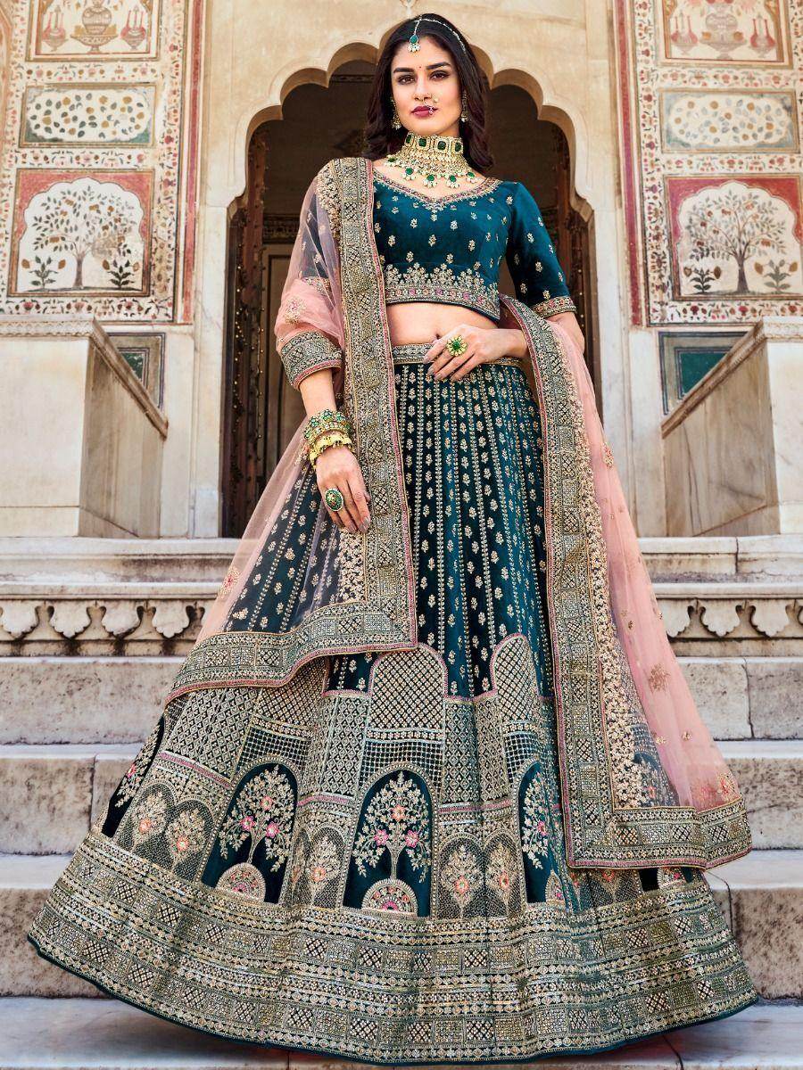 Enchanting Teal Blue Embroidered Work Velvet Bridal Wear Lehenga Choli - Zeel Clothing