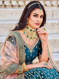 Enchanting Teal Blue Embroidered Work Velvet Bridal Wear Lehenga Choli - Zeel Clothing