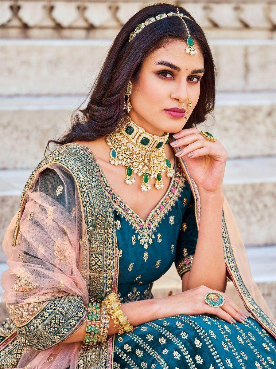 Enchanting Teal Blue Embroidered Work Velvet Bridal Wear Lehenga Choli - Zeel Clothing