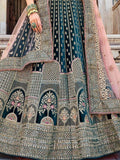 Enchanting Teal Blue Embroidered Work Velvet Bridal Wear Lehenga Choli - Zeel Clothing
